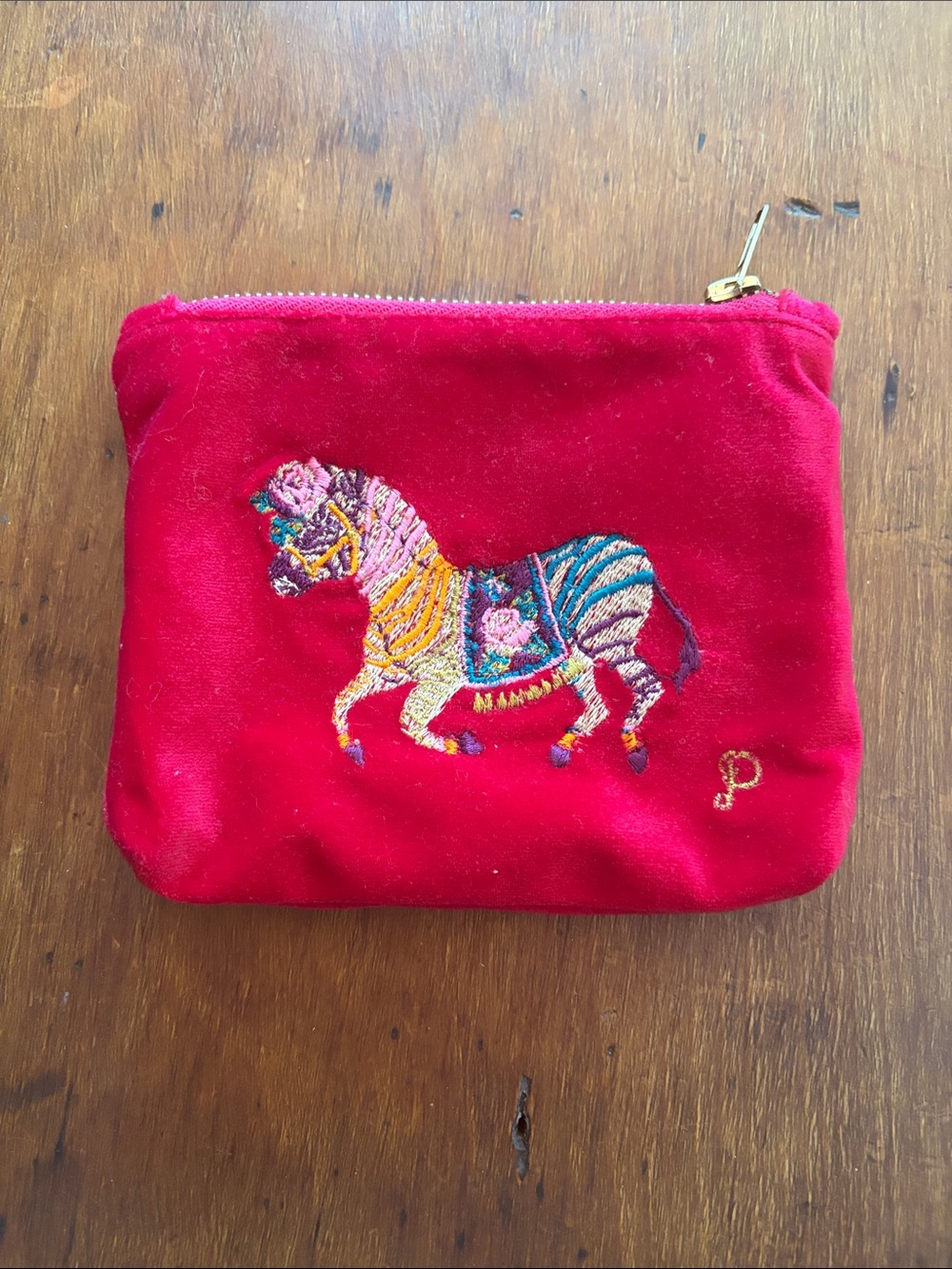 Powder brand red Pouch with Colorful Embroidered Zebra